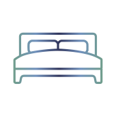 Pictogramme d'un lit avec matelas et oreillers blancs pour illustrer la production de matelas par SUBRENAT